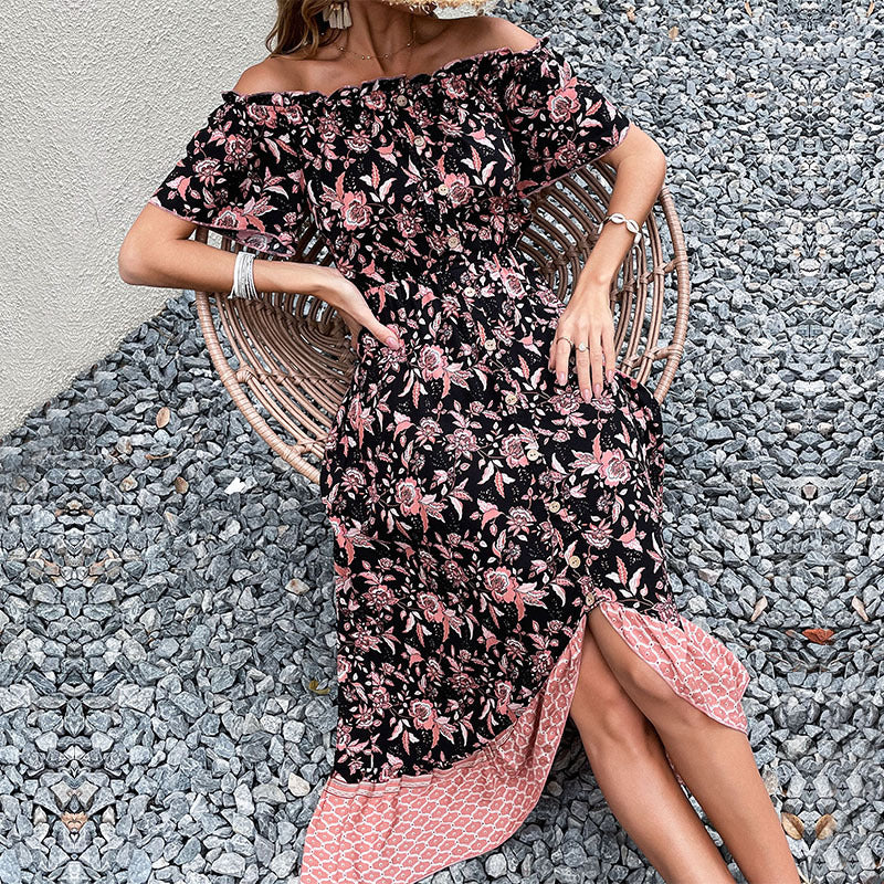 Kvinnors Off-Shoulder Maxi Klänning med Blommönster och Hög Slits Mirla-Eva Jonsson