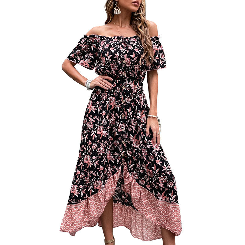 Kvinnors Off-Shoulder Maxi Klänning med Blommönster och Hög Slits Mirla-Eva Jonsson
