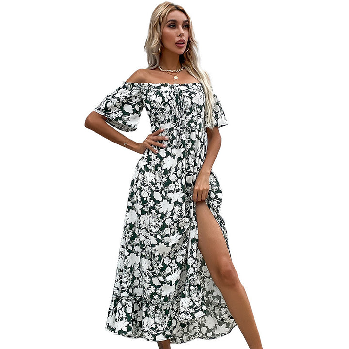 Kvinnors Off-Shoulder Maxi Klänning med Blommönster och Lekfull Sprund Mirla-Eva Jonsson