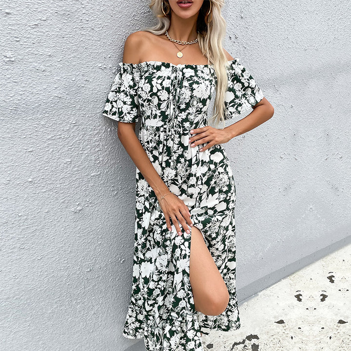 Kvinnors Off-Shoulder Maxi Klänning med Blommönster och Lekfull Sprund Mirla-Eva Jonsson