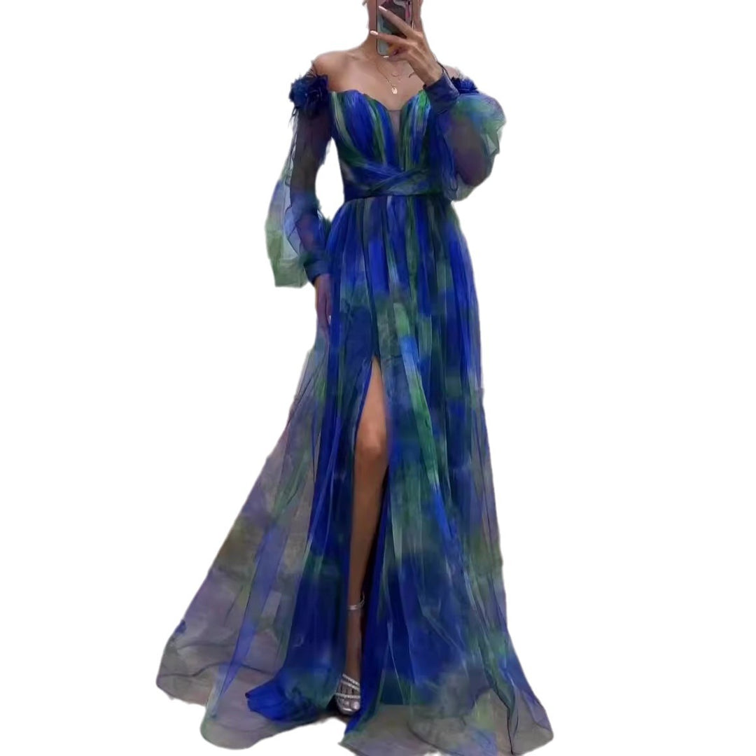 Kvinnors Off-Shoulder Maxi Klänning med Blommönster och Transparenta Volangdetaljer-Eva Jonsson