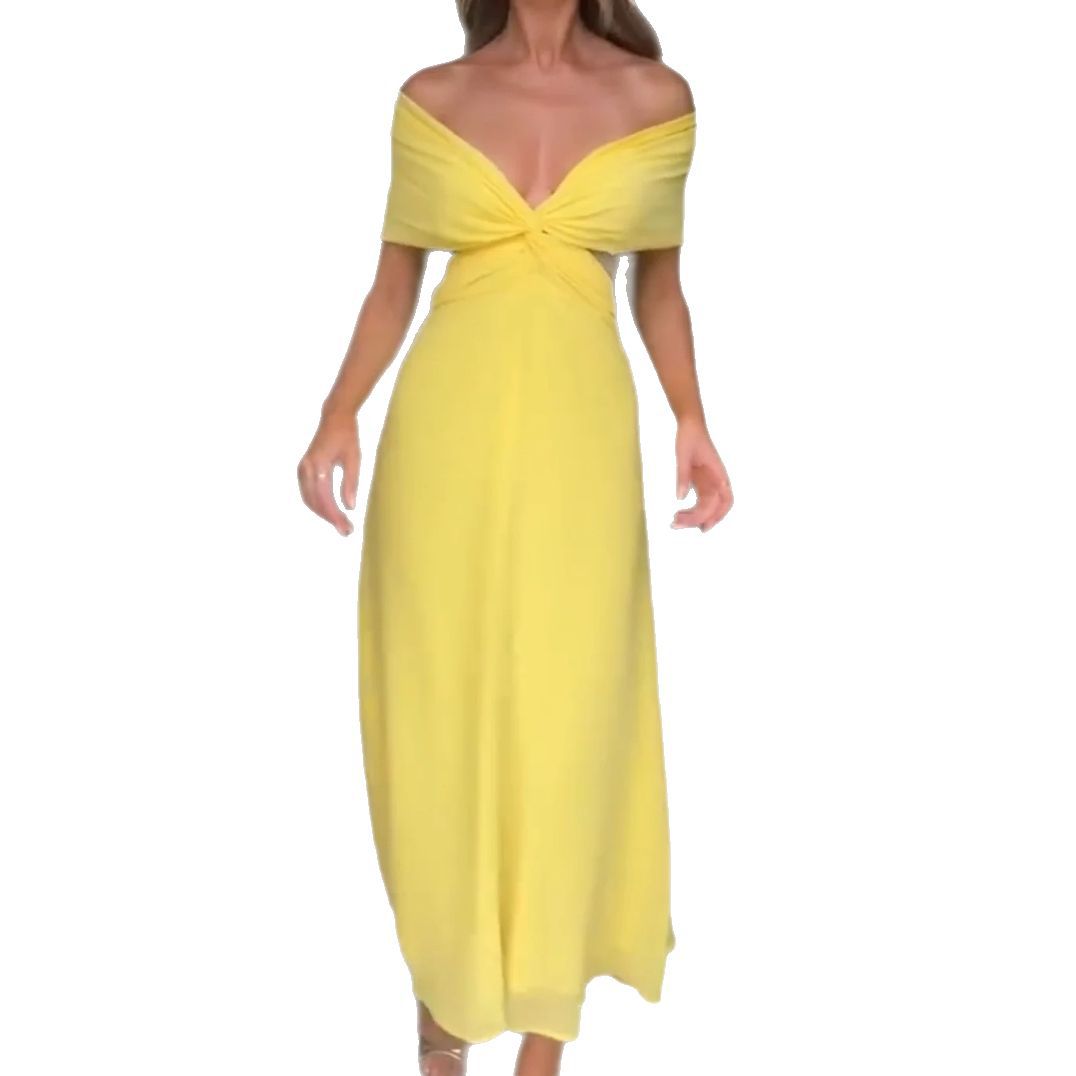 Kvinnors Off-Shoulder Maxi Klänning med Drapering och Elegant Silhuett-Eva Jonsson