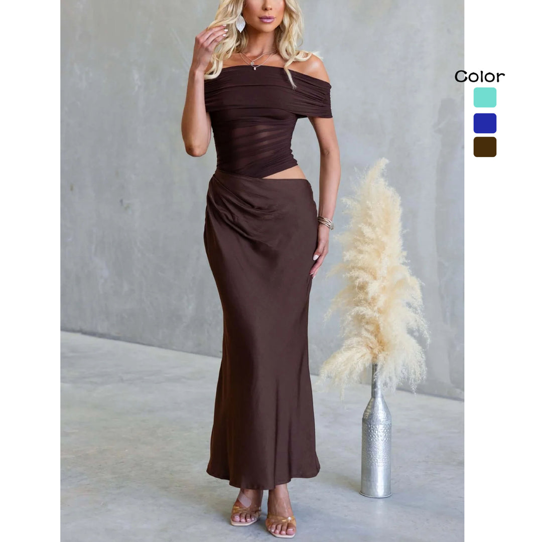 Kvinnors Off-Shoulder Maxi Klänning med Elegant Omslag Design och Figurvänlig Klipp-Eva Jonsson