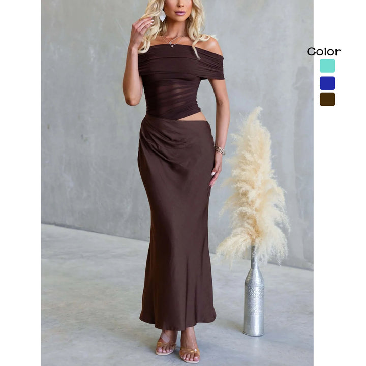 Kvinnors Off-Shoulder Maxi Klänning med Elegant Omslag Design och Figurvänlig Klipp-Eva Jonsson