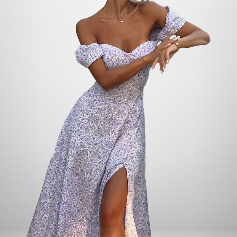 Kvinnors Off-Shoulder Maxi Klänning med Romantisk Blomtryck och Sidslits Mirla-Eva Jonsson