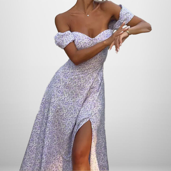 Kvinnors Off-Shoulder Maxi Klänning med Romantisk Blomtryck och Sidslits Mirla-Eva Jonsson