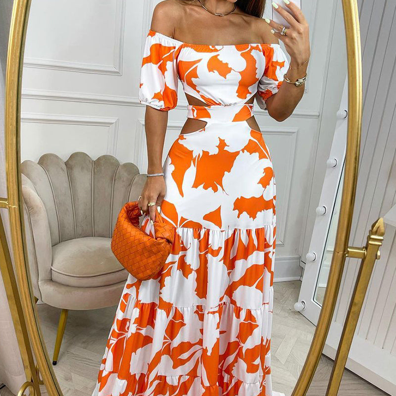 Kvinnors Off-Shoulder Maxi Klänning med Utskärningar och Volanger Mirla-Eva Jonsson