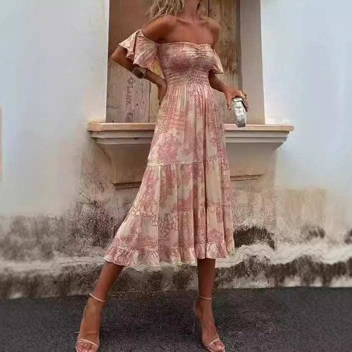Kvinnors Off-Shoulder Maxi Klänning med Volangdetaljer och Elastisk Midja Mirla-Eva Jonsson