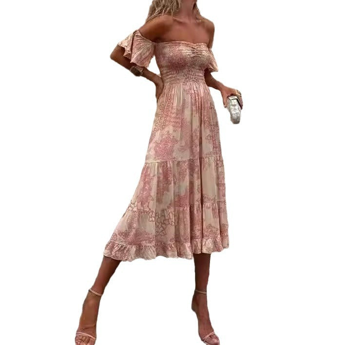 Kvinnors Off-Shoulder Maxi Klänning med Volangdetaljer och Elastisk Midja Mirla-Eva Jonsson