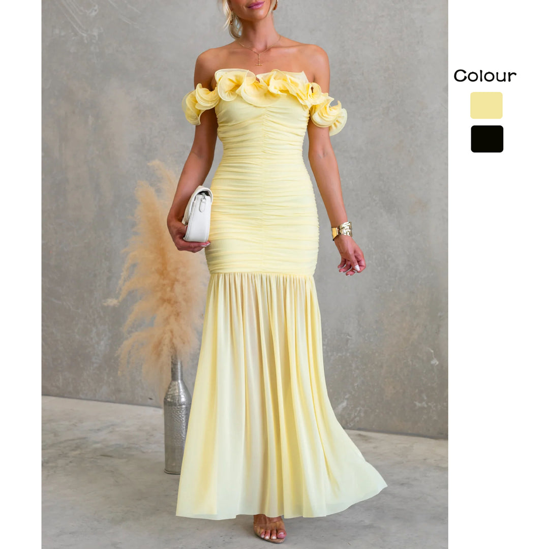 Kvinnors Off-Shoulder Maxi Klänning med Voluminösa Ruffle Detaljer och Elegant Midjeutskärning-Eva Jonsson