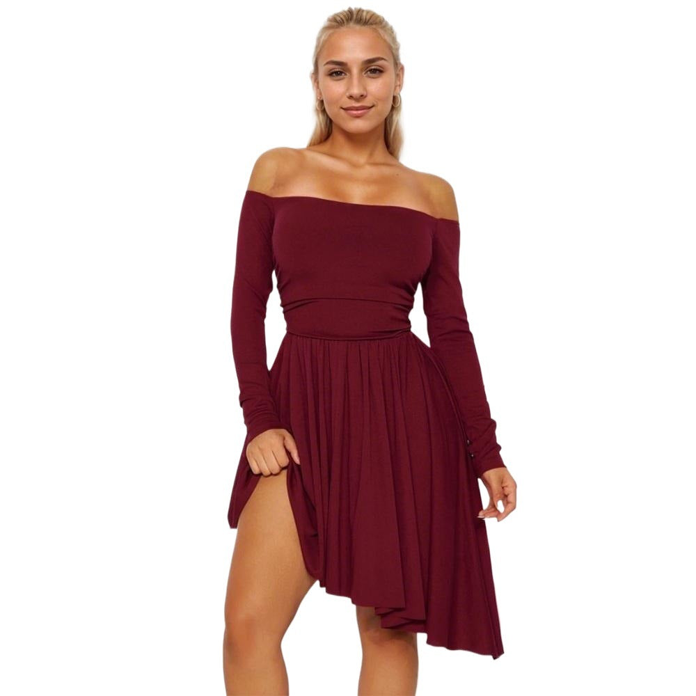 Kvinnors Off-Shoulder Midi Klänning med Asymmetrisk Skrivkant och Långa Ärmar Mirla-Eva Jonsson