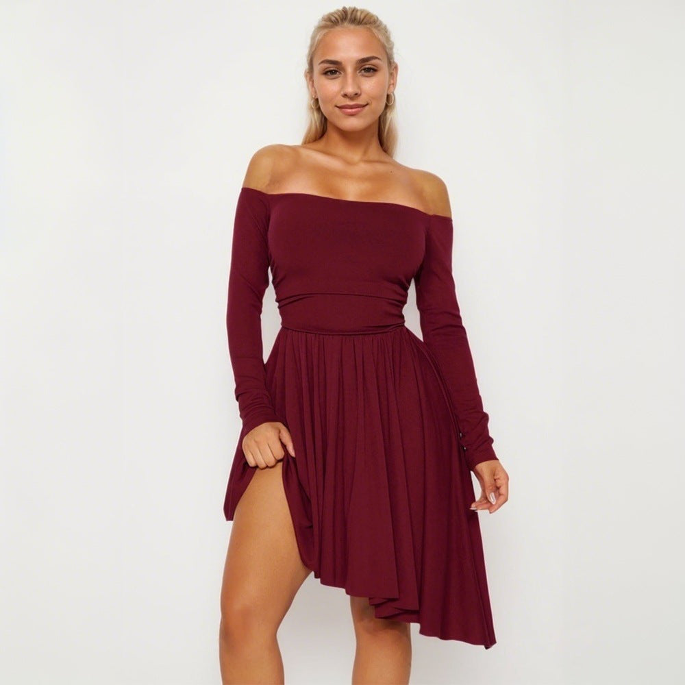 Kvinnors Off-Shoulder Midi Klänning med Asymmetrisk Skrivkant och Långa Ärmar Mirla-Eva Jonsson