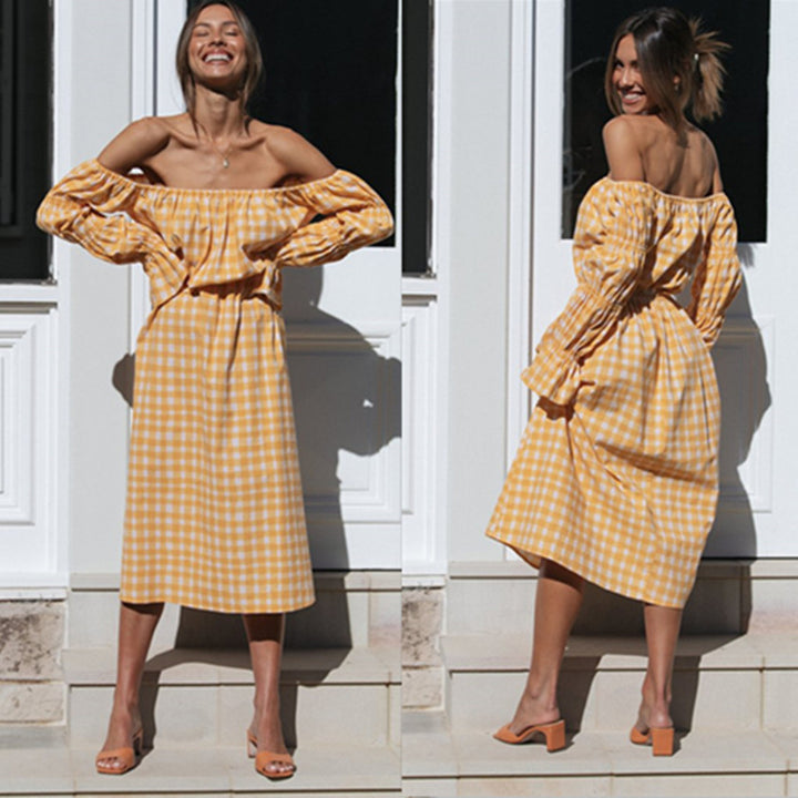 Kvinnors Off-Shoulder Midi Klänning med Rutigt Mönster och Elastisk Midja Mirla-Eva Jonsson