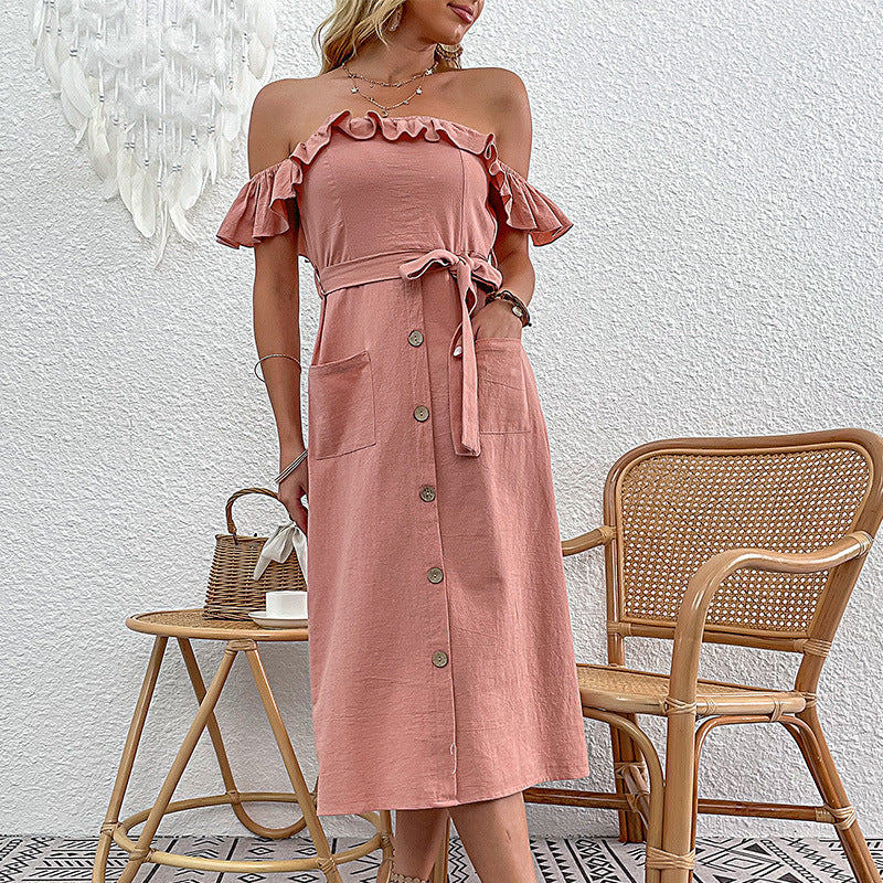 Kvinnors Off-Shoulder Midi Klänning med Volangdetaljer och Knytband Mirla-Eva Jonsson