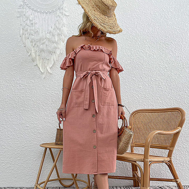 Kvinnors Off-Shoulder Midi Klänning med Volangdetaljer och Knytband Mirla-Eva Jonsson