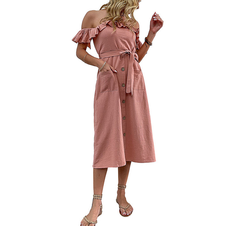 Kvinnors Off-Shoulder Midi Klänning med Volangdetaljer och Knytband Mirla-Eva Jonsson
