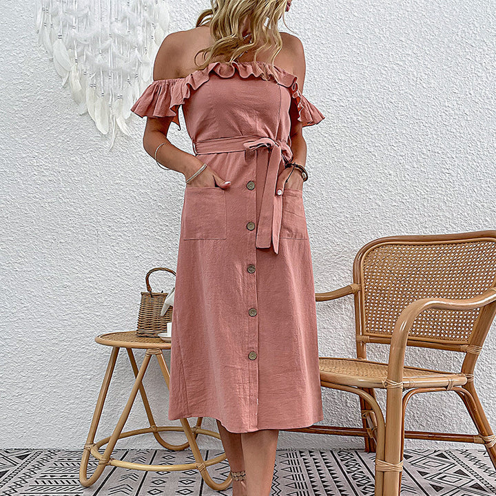 Kvinnors Off-Shoulder Midi Klänning med Volangdetaljer och Knytband Mirla-Eva Jonsson