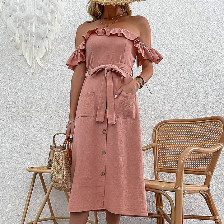Kvinnors Off-Shoulder Midi Klänning med Volangdetaljer och Knytband Mirla-Eva Jonsson