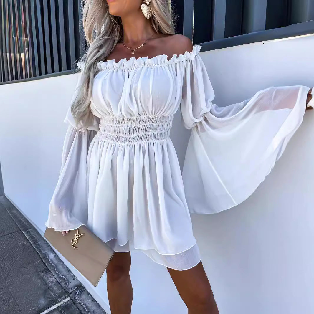 Kvinnors Off-Shoulder Mini Klänning med Elastisk Midja och Flödande Tyg-Eva Jonsson