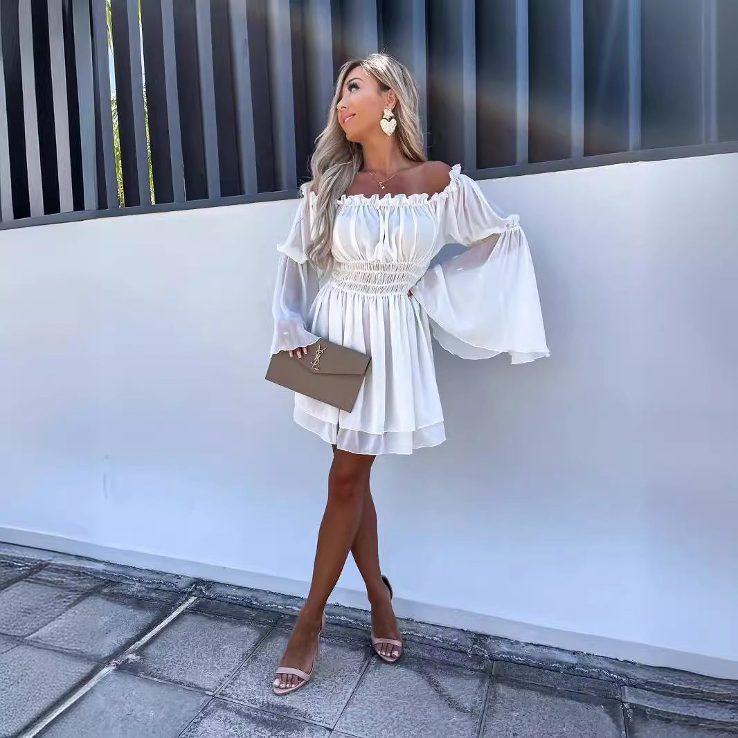 Kvinnors Off-Shoulder Mini Klänning med Elastisk Midja och Flödande Tyg-Eva Jonsson