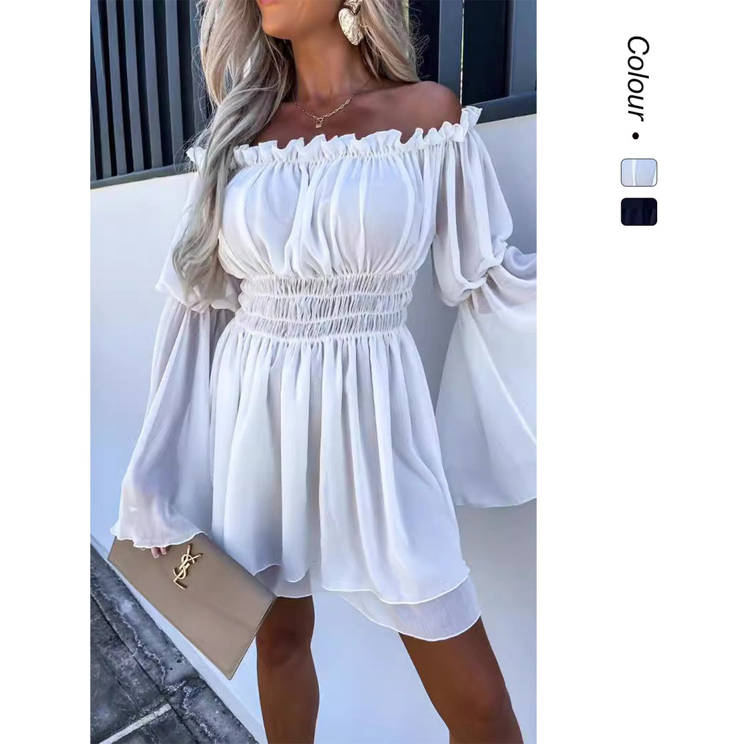 Kvinnors Off-Shoulder Mini Klänning med Elastisk Midja och Flödande Tyg-Eva Jonsson
