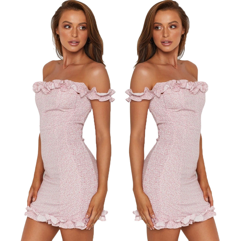 Kvinnors Off-Shoulder Mini Klänning med Lekfulla Volangdetaljer och Figurformande Snitt-Eva Jonsson