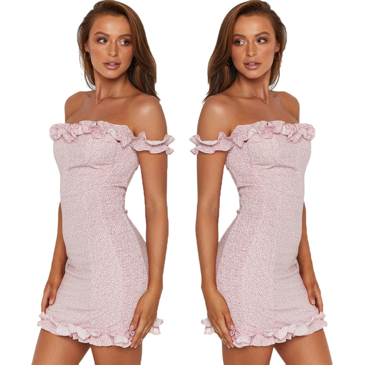 Kvinnors Off-Shoulder Mini Klänning med Lekfulla Volangdetaljer och Figurformande Snitt-Eva Jonsson