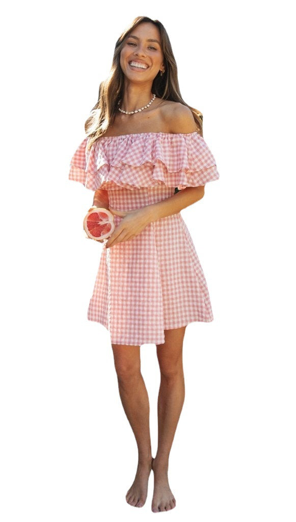 Kvinnors Off-Shoulder Sommardress med Volanger och Söt Rutigt Mönster Mirla-Eva Jonsson
