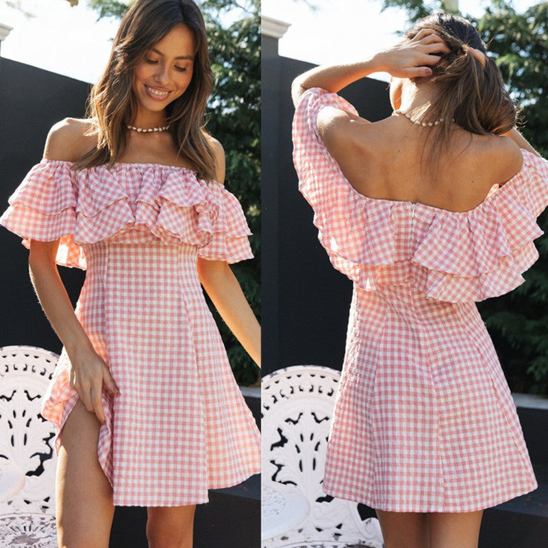 Kvinnors Off-Shoulder Sommardress med Volanger och Söt Rutigt Mönster Mirla-Eva Jonsson