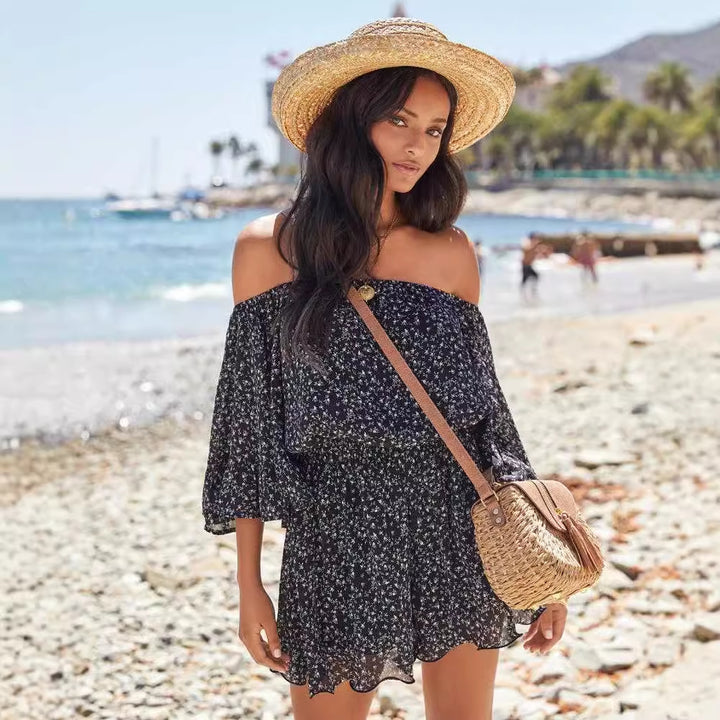 Kvinnors Off-Shoulder Sommarklänning med Volangärmar och Elastisk Midja Mirla-Eva Jonsson