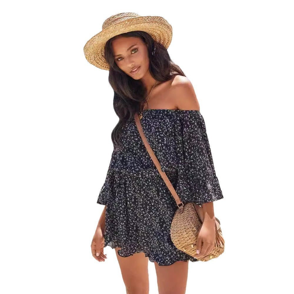 Kvinnors Off-Shoulder Sommarklänning med Volangärmar och Elastisk Midja Mirla-Eva Jonsson