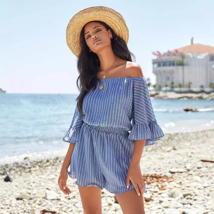 Kvinnors Off-Shoulder Sommarklänning med Volangärmar och Elastisk Midja Mirla-Eva Jonsson