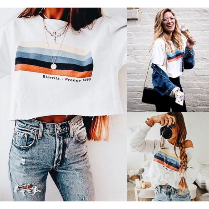 Kvinnors Off-Shoulder Sweatshirt med kontrasterande randmönster Mirla-Eva Jonsson