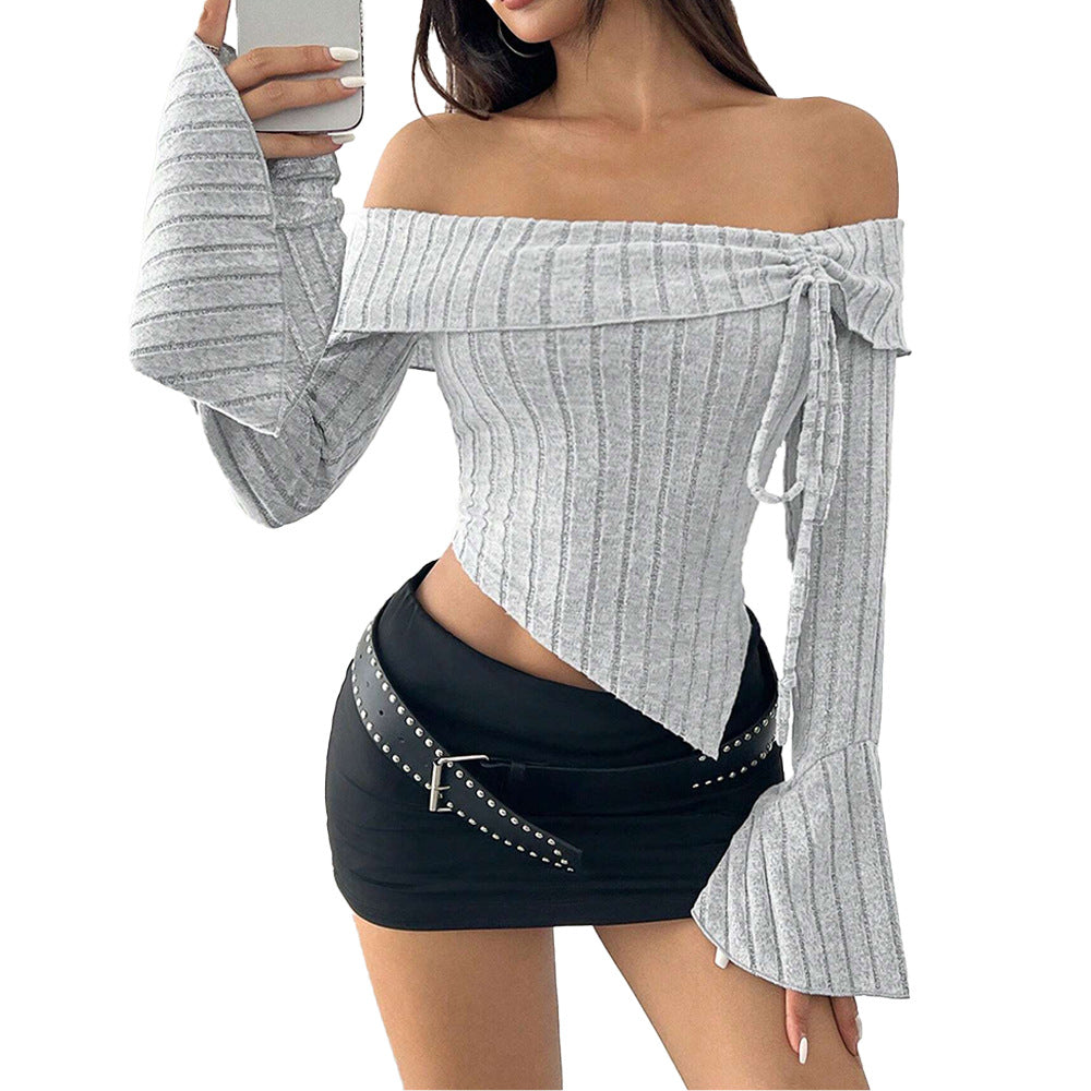 Kvinnors Off-Shoulder Topp med Asymmetrisk Söm och Långa Trumpetärmar Mirla-Eva Jonsson