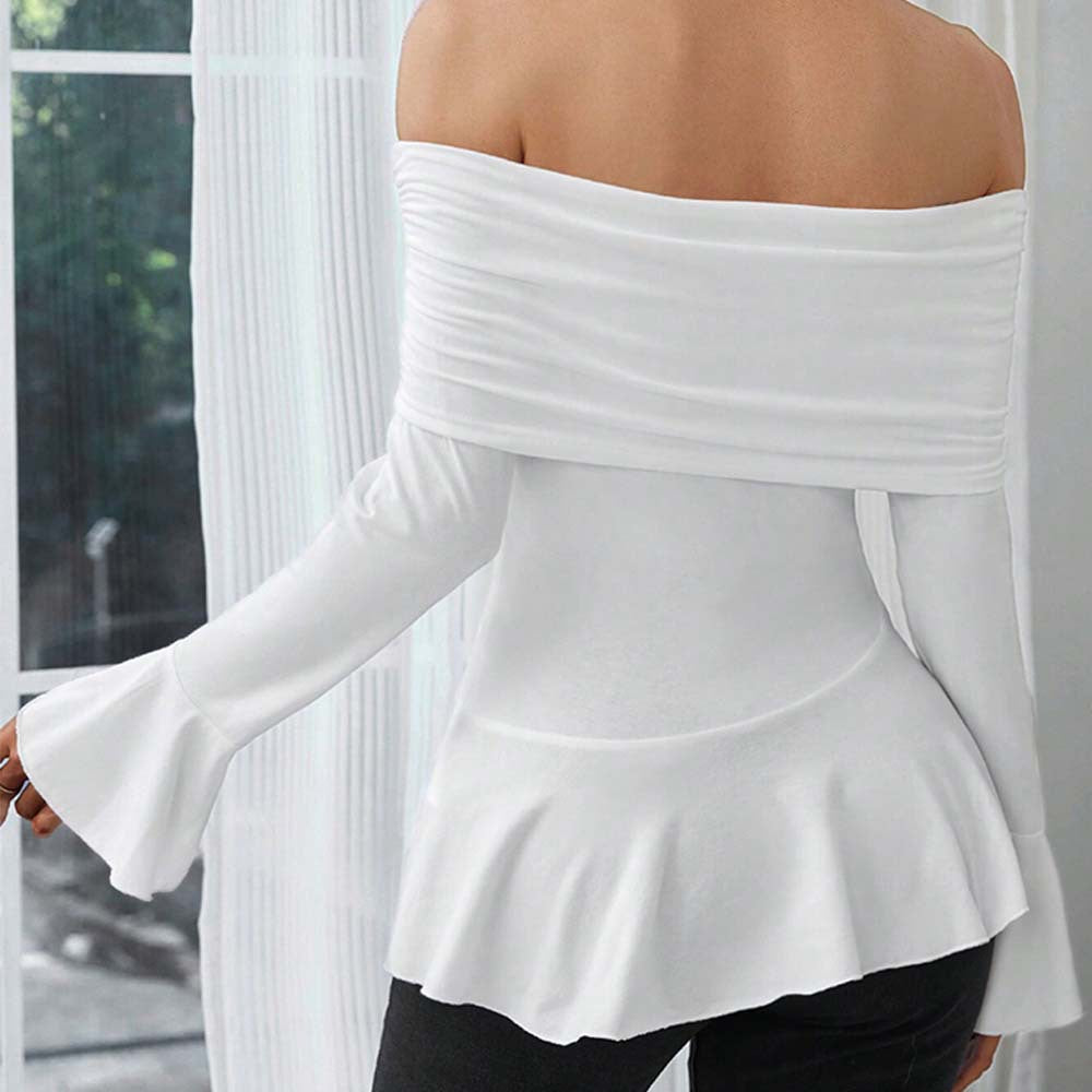 Kvinnors Off-Shoulder Topp med Stiliga Volanger och Långa Ärmar Mirla-Eva Jonsson