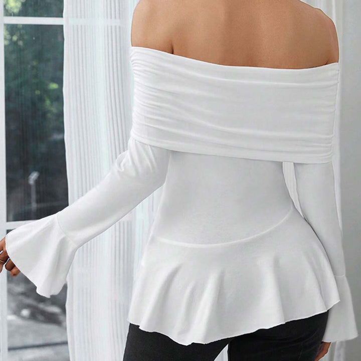 Kvinnors Off-Shoulder Topp med Stiliga Volanger och Långa Ärmar Mirla-Eva Jonsson