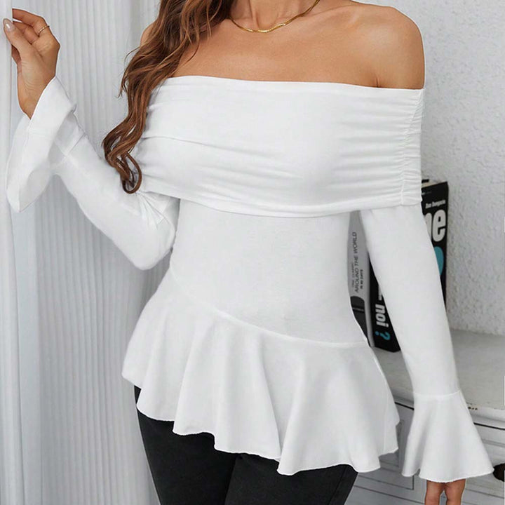 Kvinnors Off-Shoulder Topp med Stiliga Volanger och Långa Ärmar Mirla-Eva Jonsson