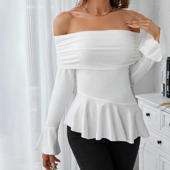 Kvinnors Off-Shoulder Topp med Stiliga Volanger och Långa Ärmar Mirla-Eva Jonsson