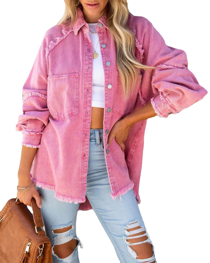 Kvinnors Oversized Denim Skjorta Jacka med Frayed Detalj Mirla-Eva Jonsson