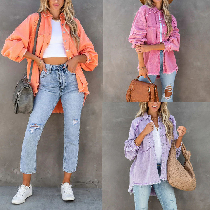 Kvinnors Oversized Denim Skjorta Jacka med Frayed Detalj Mirla-Eva Jonsson