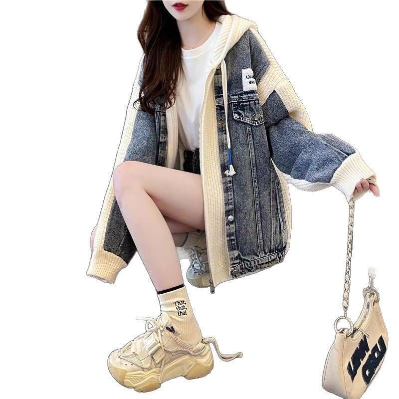 Kvinnors Oversized Denimjacka med Stickade Element Mirla-Eva Jonsson