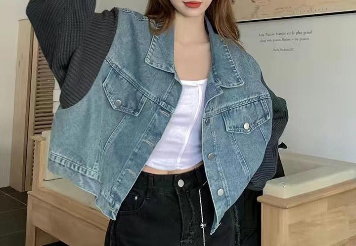 Kvinnors Oversized Denimjacka med Stickade Element Mirla-Eva Jonsson
