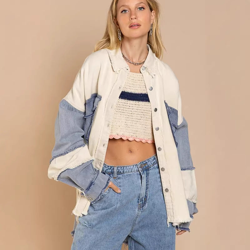 Kvinnors Oversized Denimjacka med Unika Färgblock och Fransdetaljer Mirla-Eva Jonsson