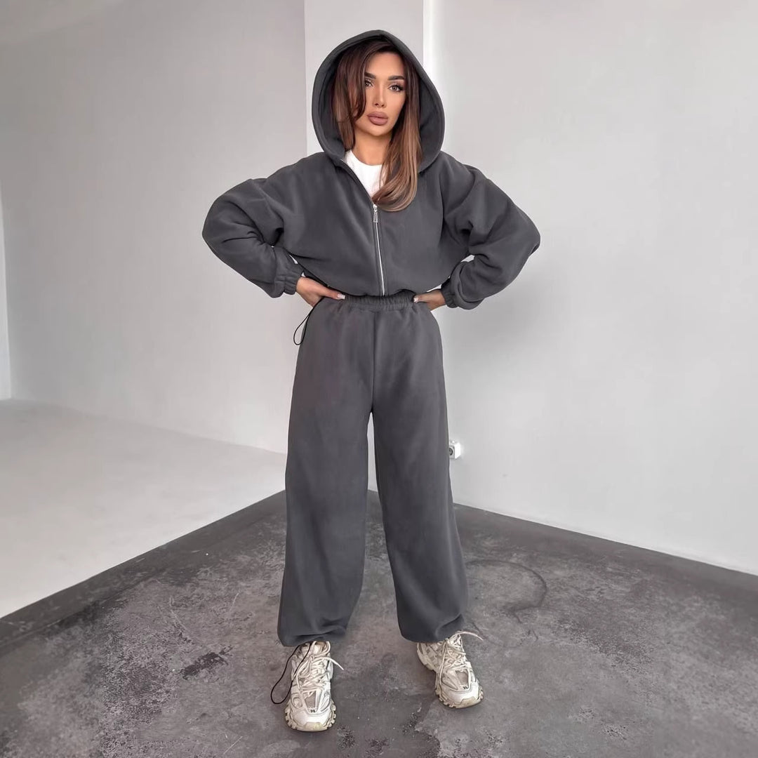 Kvinnors Oversized Fleece Träningsoverall med Huva och Vida Ben Mirla-Eva Jonsson