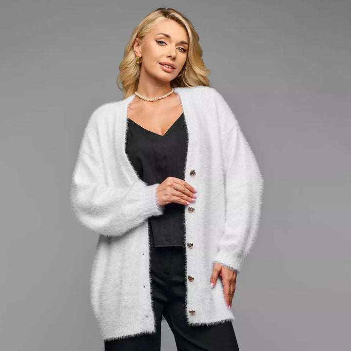 Kvinnors Oversized Kofta med Hjärtknappar och Mjuk Material Mirla-Eva Jonsson