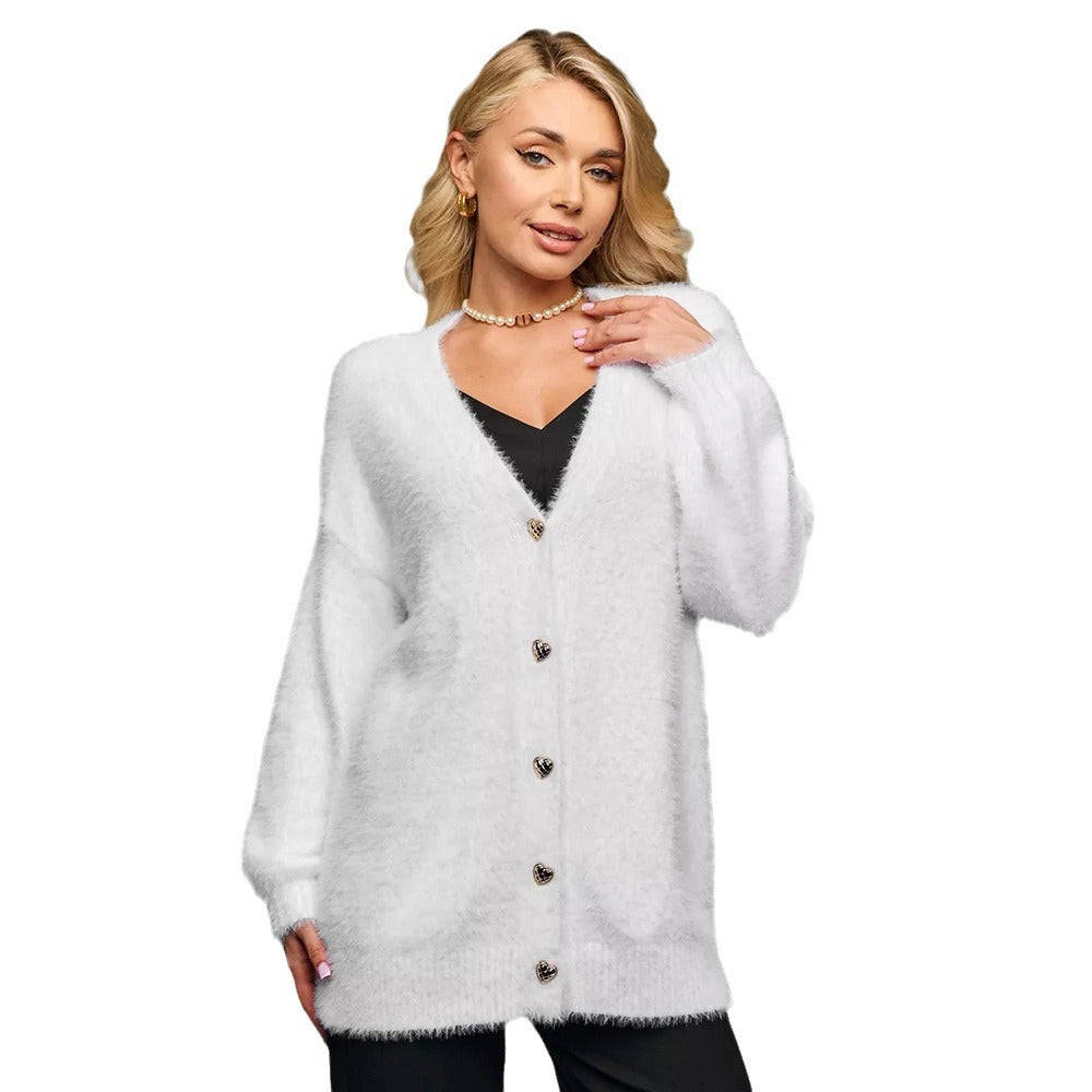 Kvinnors Oversized Kofta med Hjärtknappar och Mjuk Material Mirla-Eva Jonsson