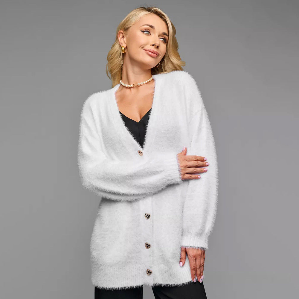 Kvinnors Oversized Kofta med Hjärtknappar och Mjuk Material Mirla-Eva Jonsson