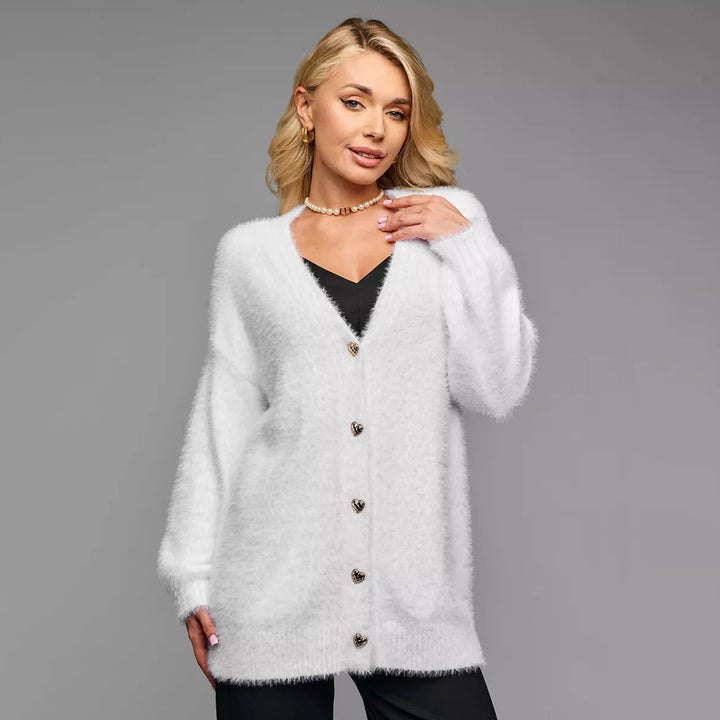Kvinnors Oversized Kofta med Hjärtknappar och Mjuk Material Mirla-Eva Jonsson