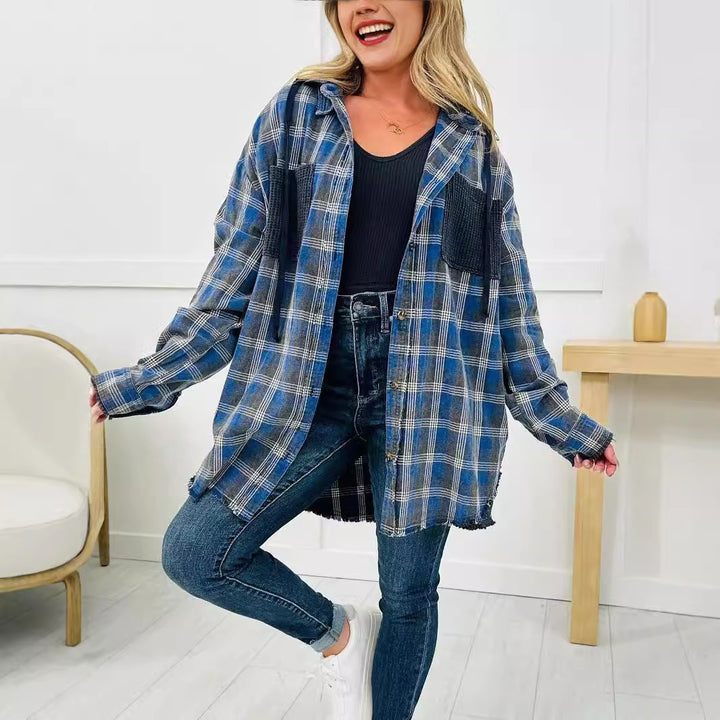 Kvinnors Oversized rutig skjorta jacka med fransdetaljer Mirla-Eva Jonsson