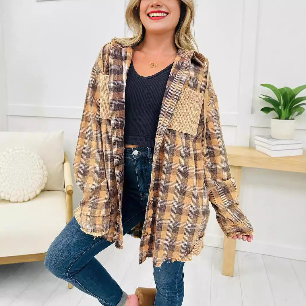 Kvinnors Oversized rutig skjorta jacka med fransdetaljer Mirla-Eva Jonsson